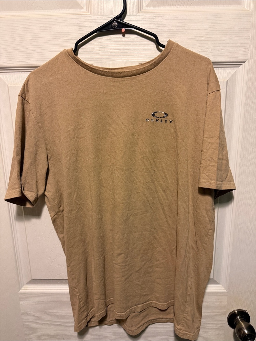 Oakley Tan Short Sleeve Logo Tee with Distressed Graphic